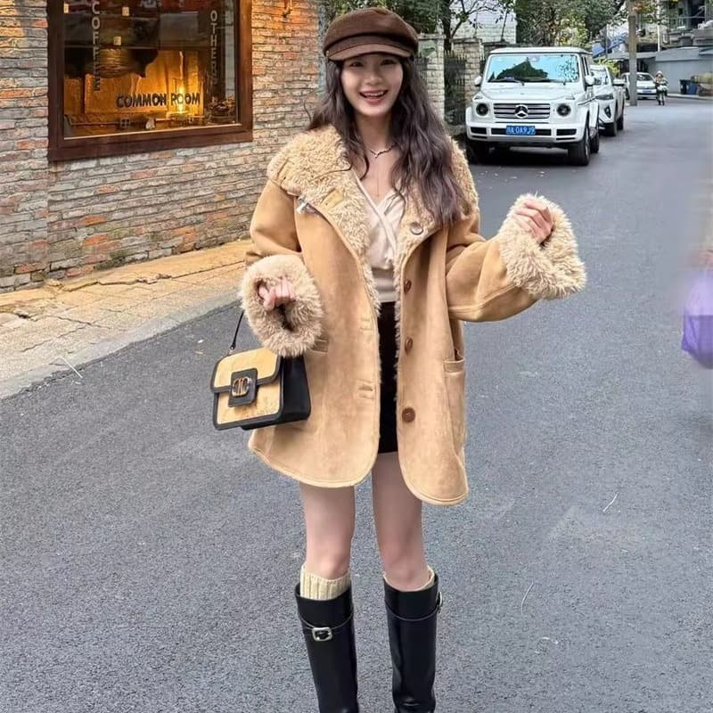 둘 착용 피모 하나 양털 오토바이 서비스 가을 겨울 루즈핏 두꺼운 스웨이드 모피 여성 코트 이미지 5