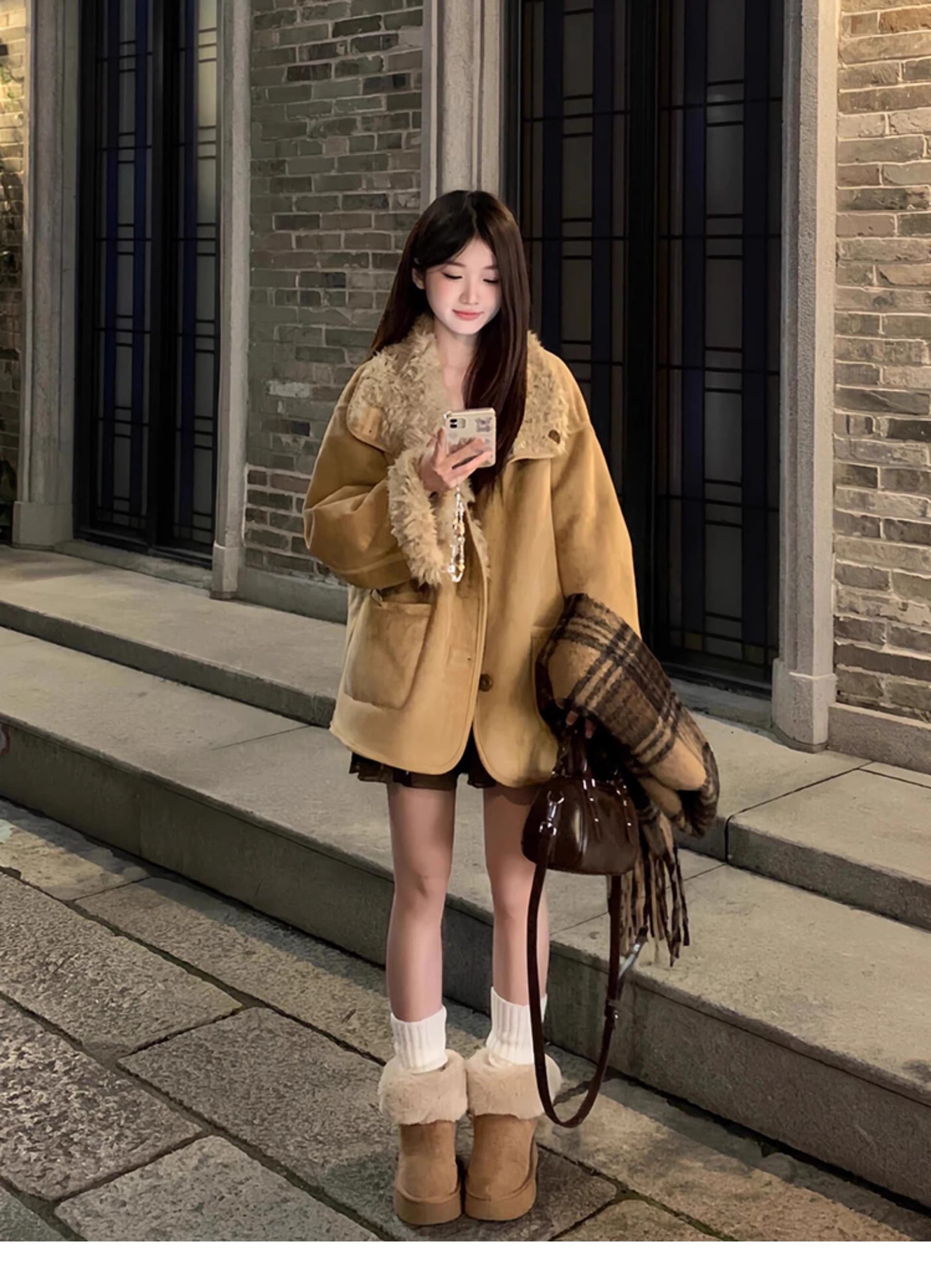 둘 착용 피모 하나 양털 오토바이 서비스 가을 겨울 루즈핏 두꺼운 스웨이드 모피 여성 코트 상세 이미지 6