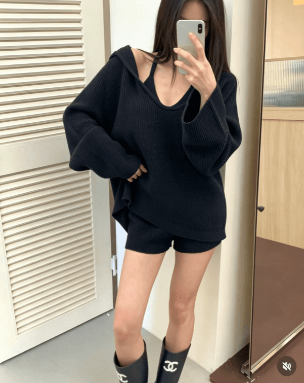 26 한국 ins 보 주님 후드 니트 스웨터 조끼 반바지 3종 세트 세트 상세 이미지 3