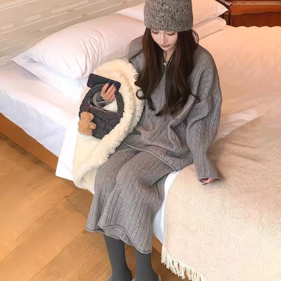 있음 선적 가을 새로운 한국 스타일 패션 느긋한 꽈배기 니트 스웨터 세트