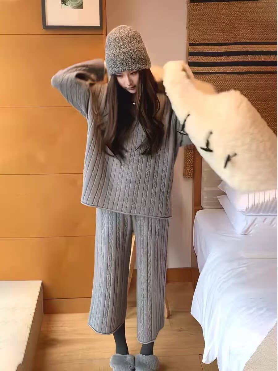 있음 선적 가을 새로운 한국 스타일 패션 느긋한 꽈배기 니트 스웨터 세트 상세 이미지 10