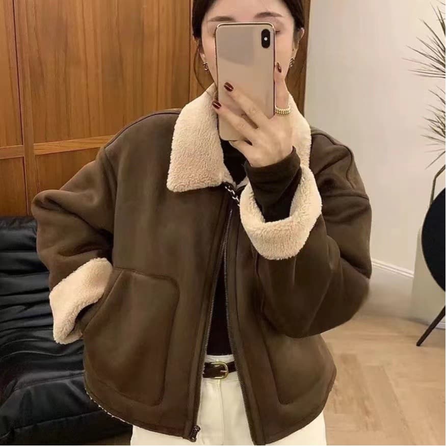 피모 하나 양털 쇼트 스타일 여성 코트 가을 겨울 두꺼운 폴로 칼라 오토바이 서비스 재킷 맨위 이미지 2