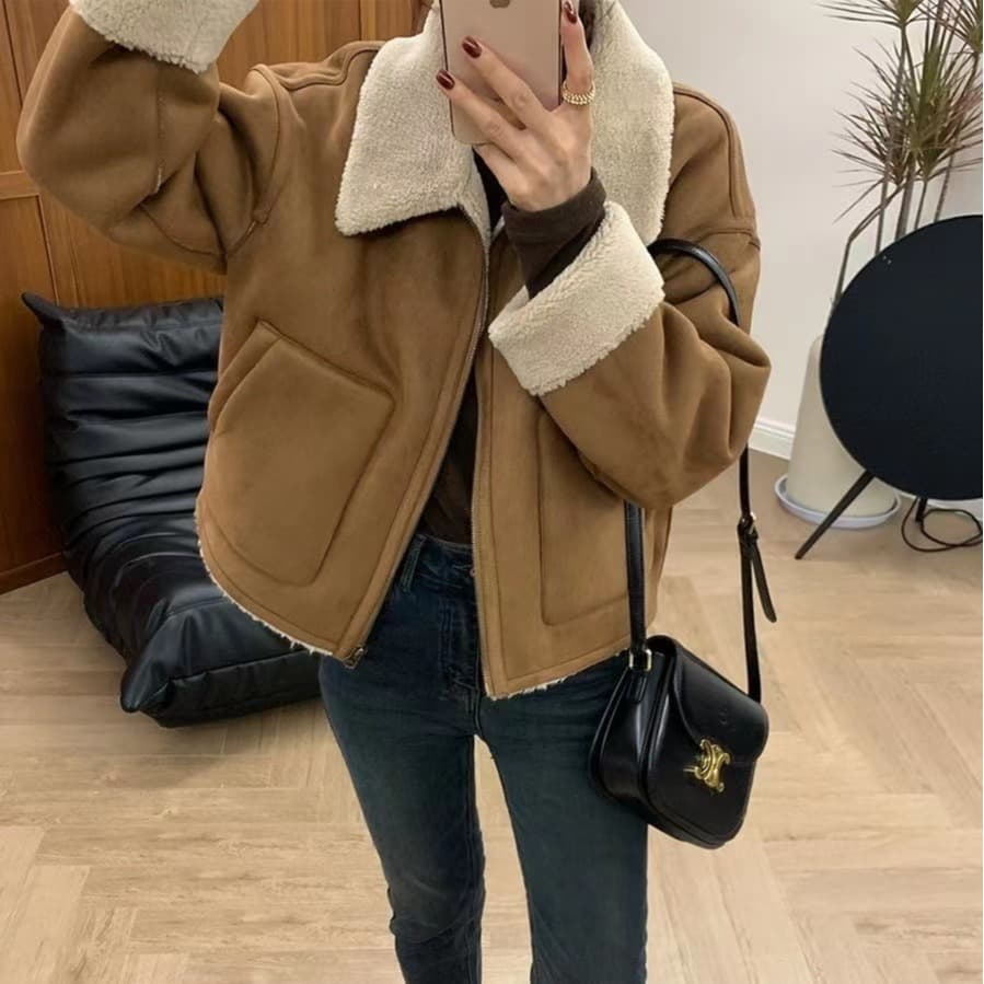 피모 하나 양털 쇼트 스타일 여성 코트 가을 겨울 두꺼운 폴로 칼라 오토바이 서비스 재킷 맨위 이미지 5