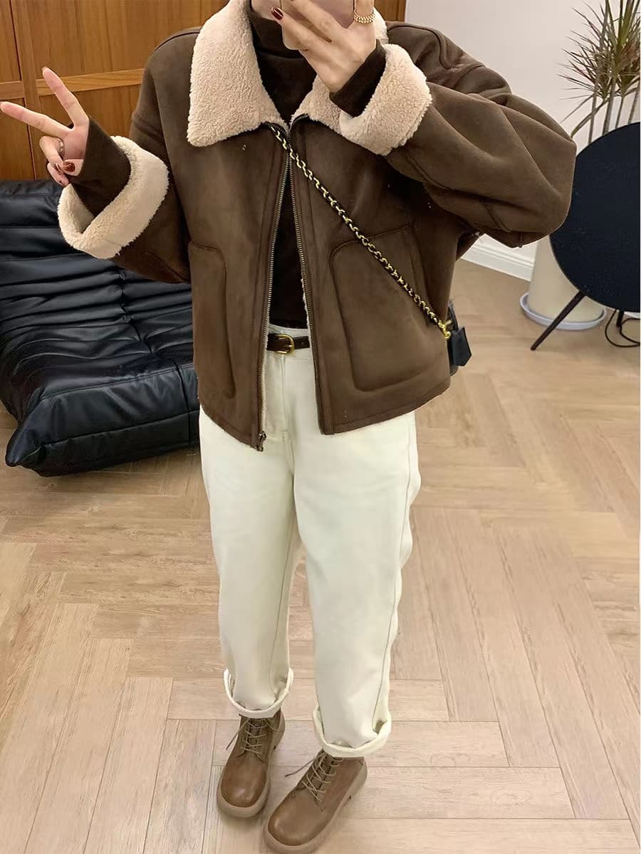 피모 하나 양털 쇼트 스타일 여성 코트 가을 겨울 두꺼운 폴로 칼라 오토바이 서비스 재킷 맨위 상세 이미지 2