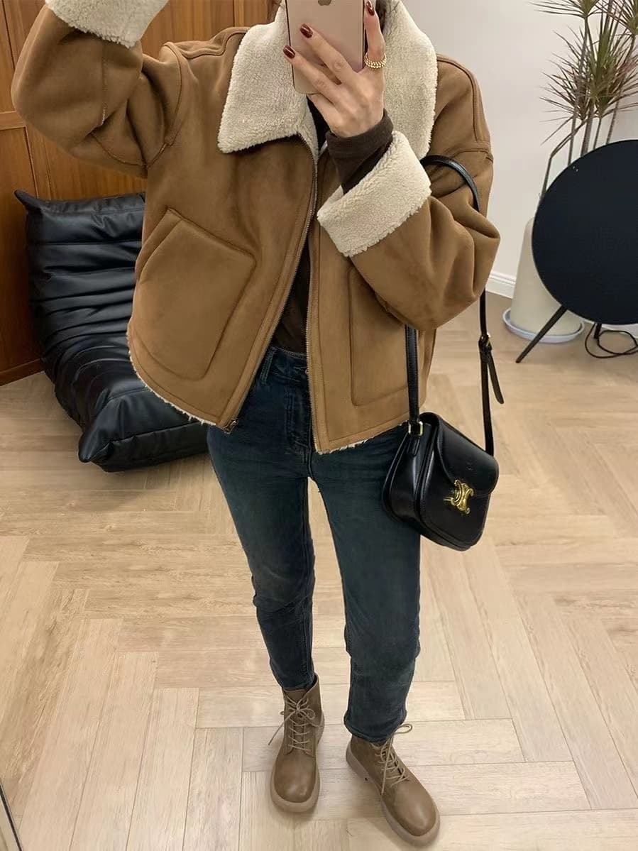 피모 하나 양털 쇼트 스타일 여성 코트 가을 겨울 두꺼운 폴로 칼라 오토바이 서비스 재킷 맨위 상세 이미지 4