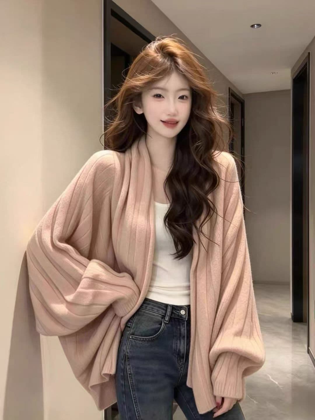 한 부서 부드러운 바람 배트윙 소매 니트 오픈 가디건 여성 가을과 겨울 루즈핏 슬림해 보이는 다용도 부드러운 찹쌀 긴팔 스웨터 코트 이미지 2