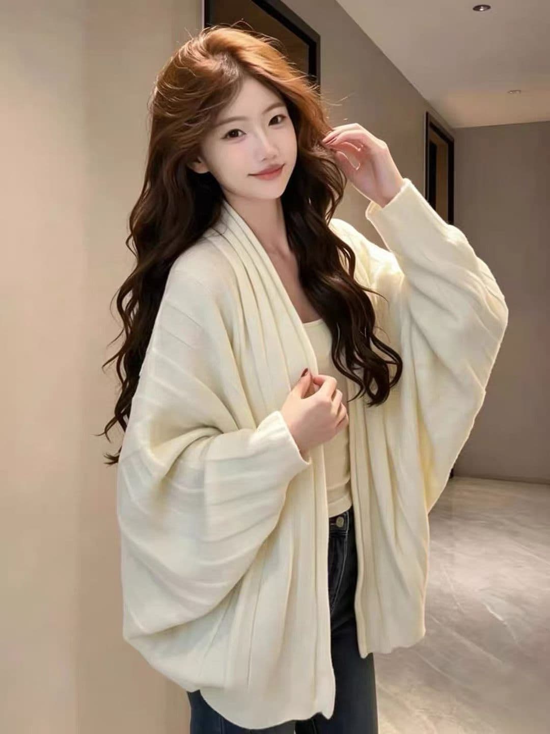 한 부서 부드러운 바람 배트윙 소매 니트 오픈 가디건 여성 가을과 겨울 루즈핏 슬림해 보이는 다용도 부드러운 찹쌀 긴팔 스웨터 코트 상세 이미지 2
