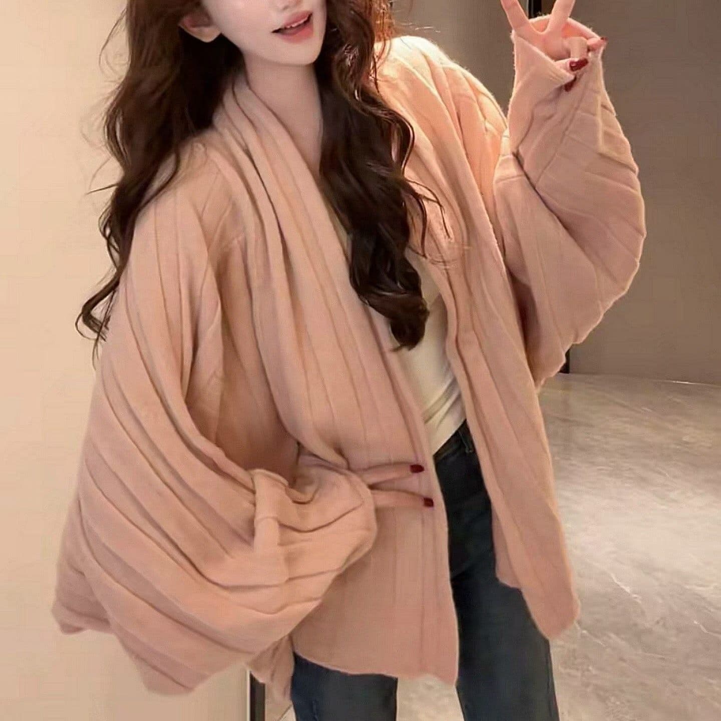 한 부서 부드러운 바람 배트윙 소매 니트 오픈 가디건 여성 가을과 겨울 루즈핏 슬림해 보이는 다용도 부드러운 찹쌀 긴팔 스웨터 코트 상세 이미지 3