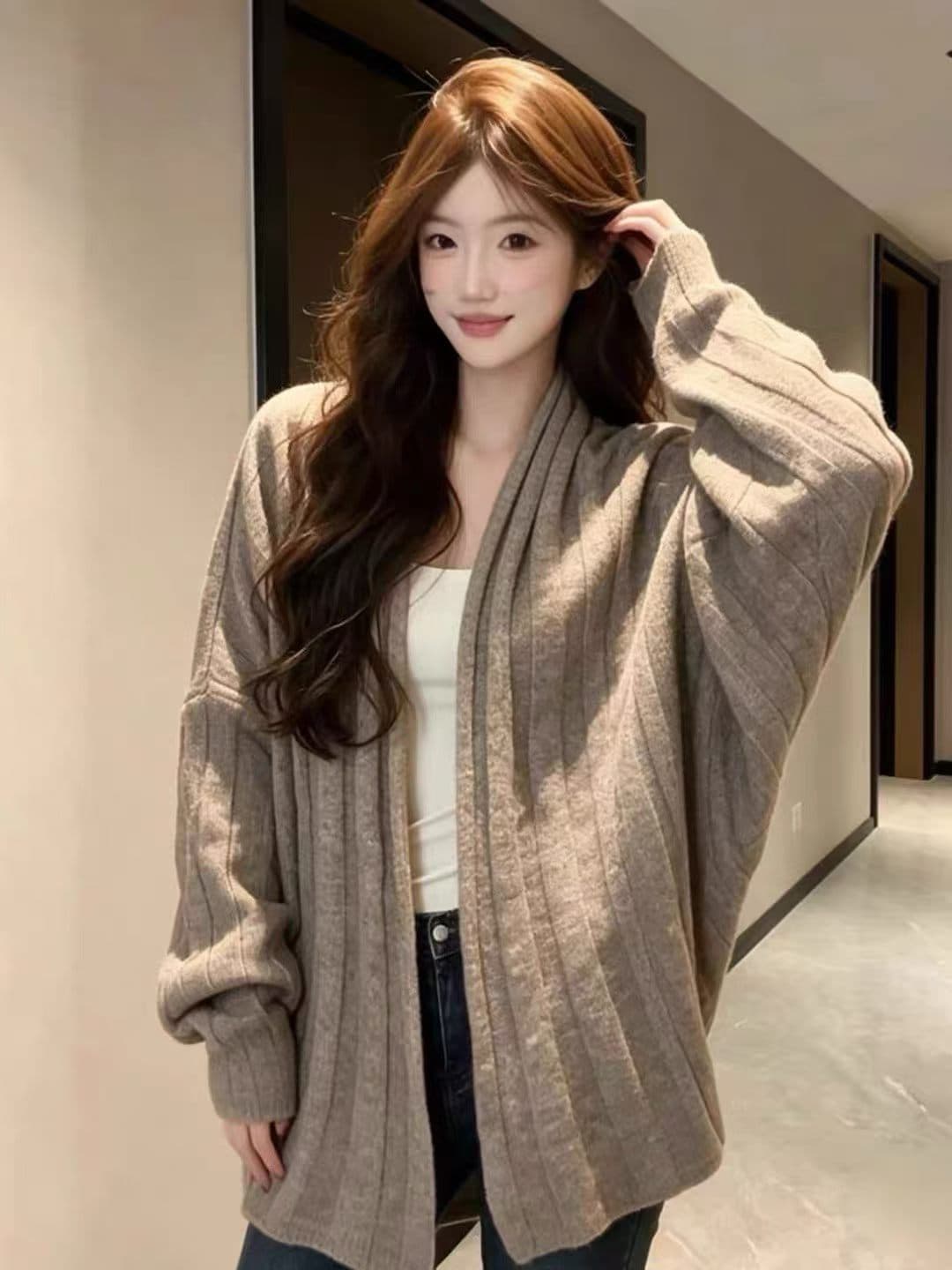 한 부서 부드러운 바람 배트윙 소매 니트 오픈 가디건 여성 가을과 겨울 루즈핏 슬림해 보이는 다용도 부드러운 찹쌀 긴팔 스웨터 코트 상세 이미지 5