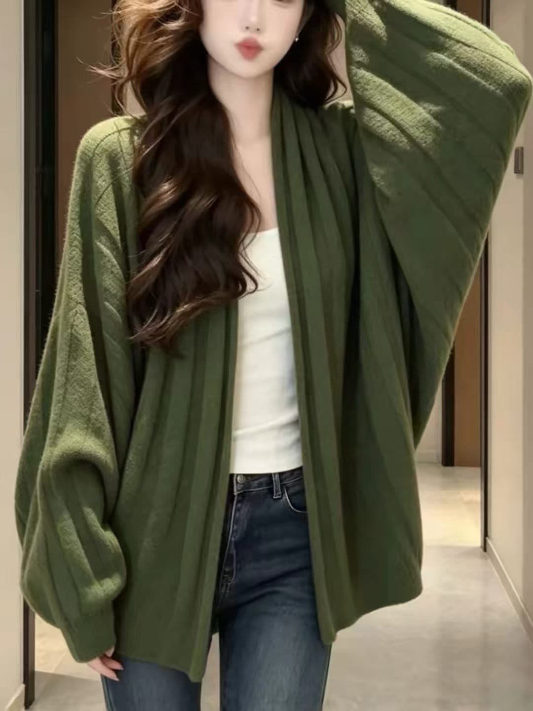 한 부서 부드러운 바람 배트윙 소매 니트 오픈 가디건 여성 가을과 겨울 루즈핏 슬림해 보이는 다용도 부드러운 찹쌀 긴팔 스웨터 코트 상세 이미지 6