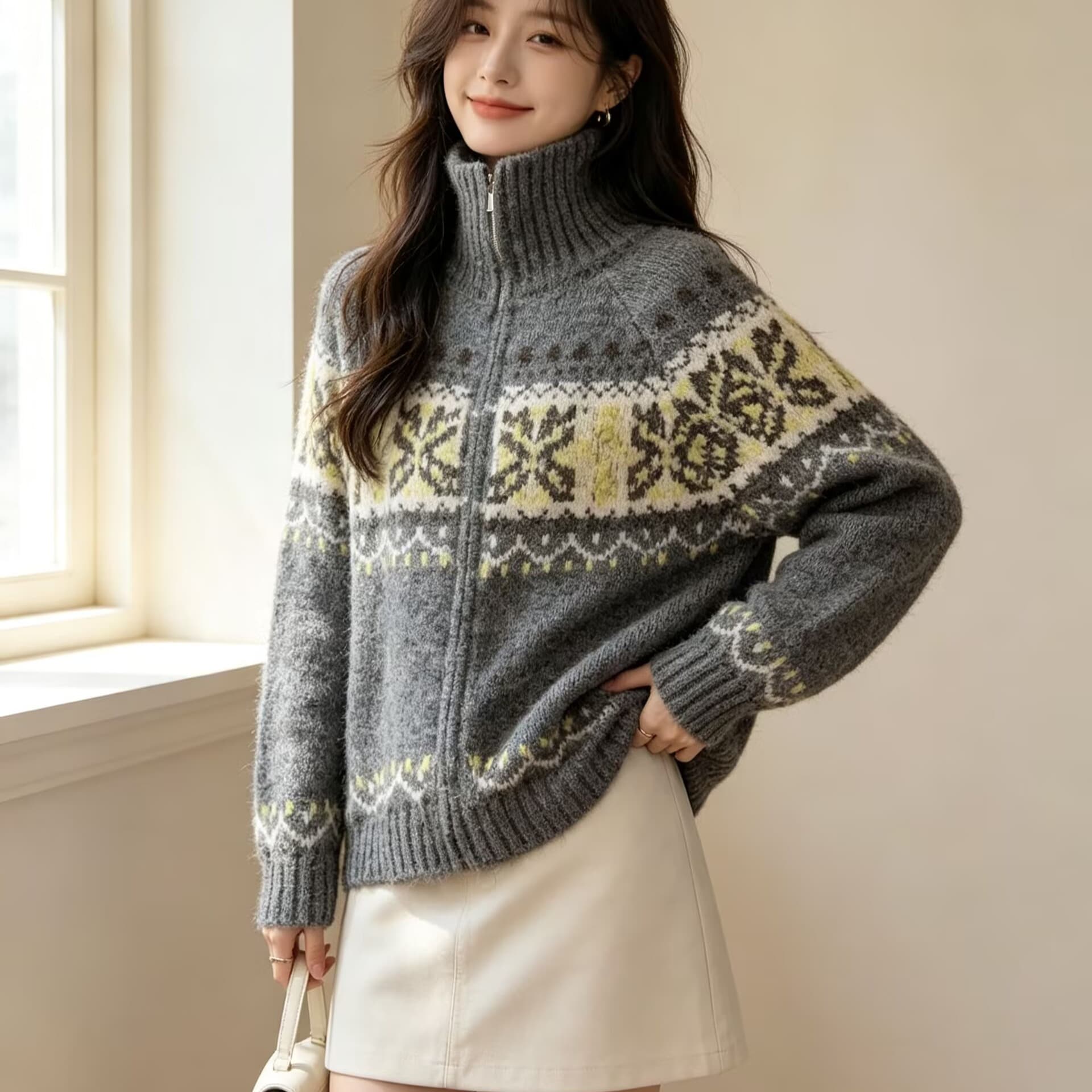 프랑스식 레트로 폴로 칼라 더블 지퍼 자카드 디자인 센스 니트 오픈 가디건 여성 느긋한 루즈핏 스웨터 코트 맨위 트렌디