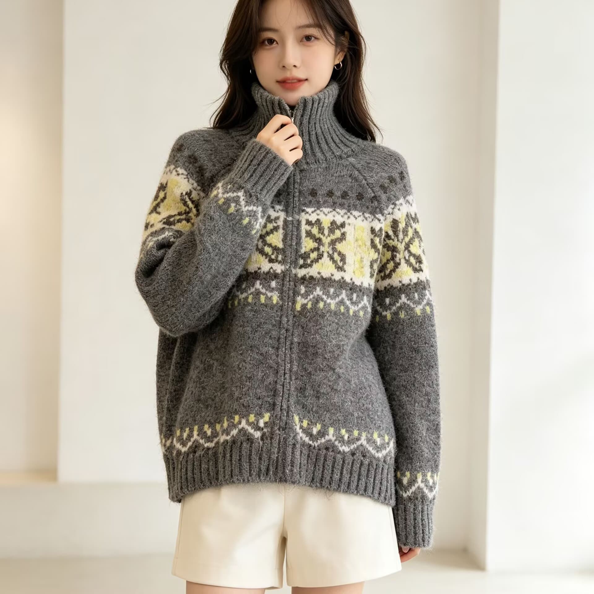 프랑스식 레트로 폴로 칼라 더블 지퍼 자카드 디자인 센스 니트 오픈 가디건 여성 느긋한 루즈핏 스웨터 코트 맨위 트렌디 이미지 4