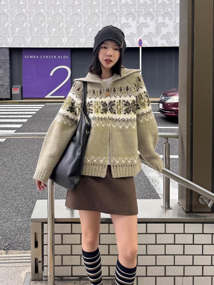 프랑스식 레트로 폴로 칼라 더블 지퍼 자카드 디자인 센스 니트 오픈 가디건 여성 느긋한 루즈핏 스웨터 코트 맨위 트렌디 상세 이미지 2