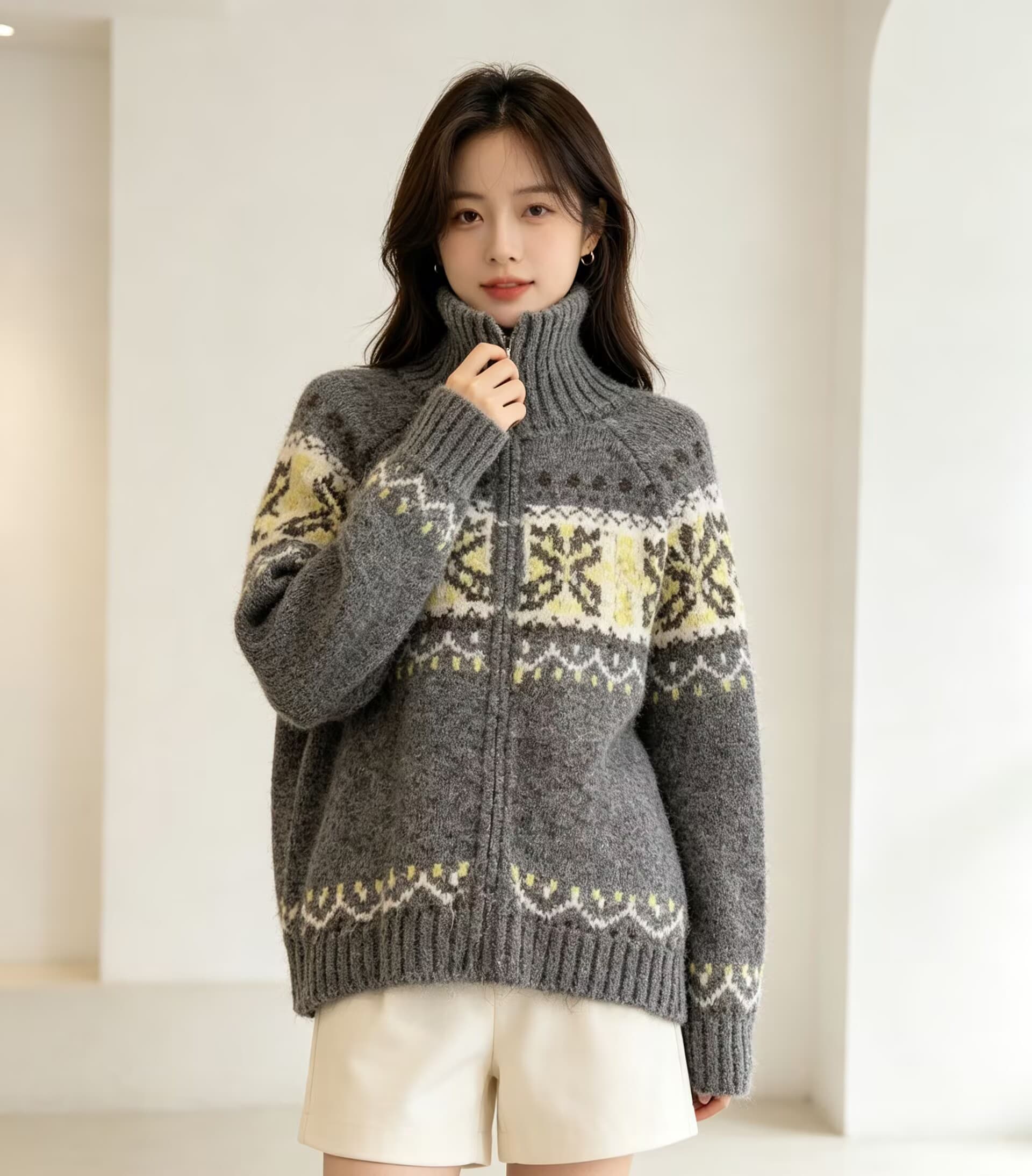 프랑스식 레트로 폴로 칼라 더블 지퍼 자카드 디자인 센스 니트 오픈 가디건 여성 느긋한 루즈핏 스웨터 코트 맨위 트렌디 상세 이미지 3