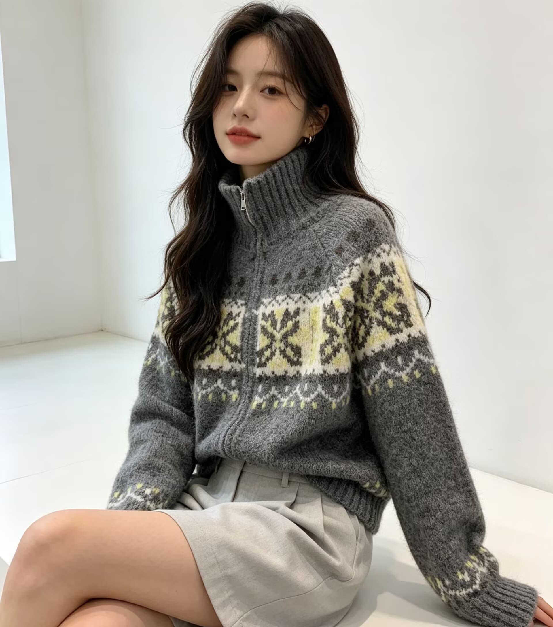 프랑스식 레트로 폴로 칼라 더블 지퍼 자카드 디자인 센스 니트 오픈 가디건 여성 느긋한 루즈핏 스웨터 코트 맨위 트렌디 상세 이미지 4
