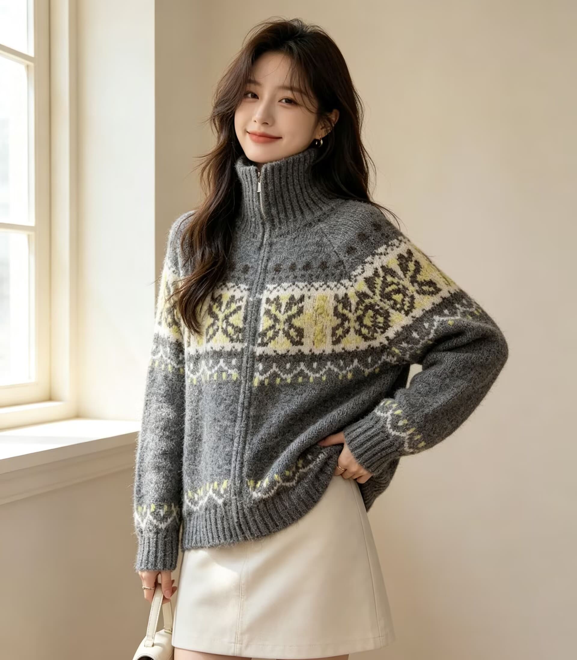 프랑스식 레트로 폴로 칼라 더블 지퍼 자카드 디자인 센스 니트 오픈 가디건 여성 느긋한 루즈핏 스웨터 코트 맨위 트렌디 상세 이미지 5