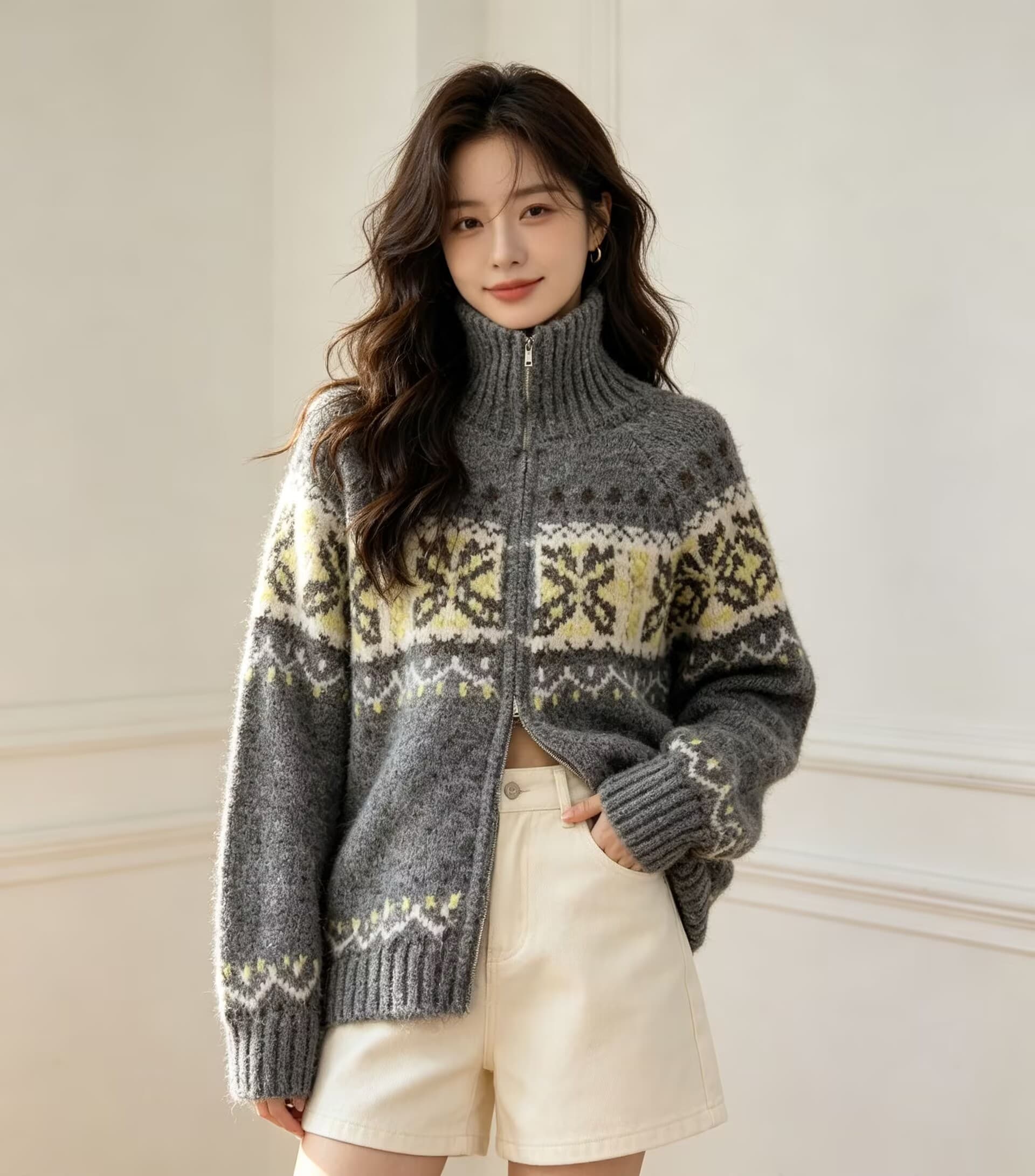 프랑스식 레트로 폴로 칼라 더블 지퍼 자카드 디자인 센스 니트 오픈 가디건 여성 느긋한 루즈핏 스웨터 코트 맨위 트렌디 상세 이미지 6