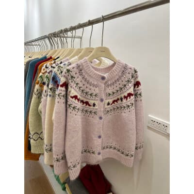 한 부서 라운드 넥 레트로 스타일 공정한 섬 자카드 배색 스웨터 여성 코트 가을 겨울 부드러운 찹쌀 니트 오픈 가디건 맨위 트렌디 이미지 4