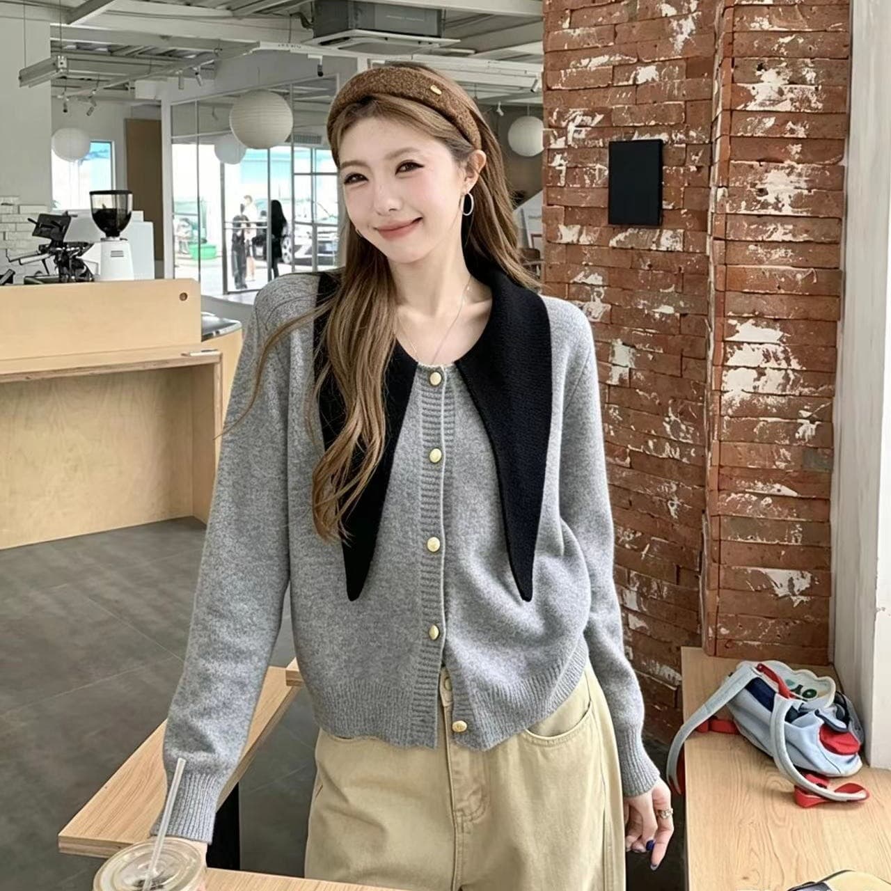 한국 스타일 품격 폴로 칼라 레이스업 배색 싱글 줄 버튼 니트 스웨터 스웨터 코트