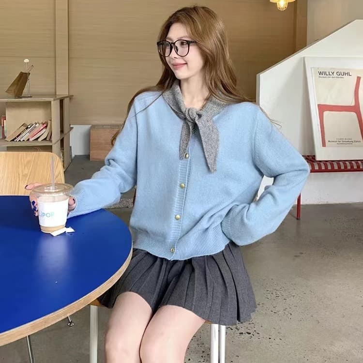 한국 스타일 품격 폴로 칼라 레이스업 배색 싱글 줄 버튼 니트 스웨터 스웨터 코트 이미지 2