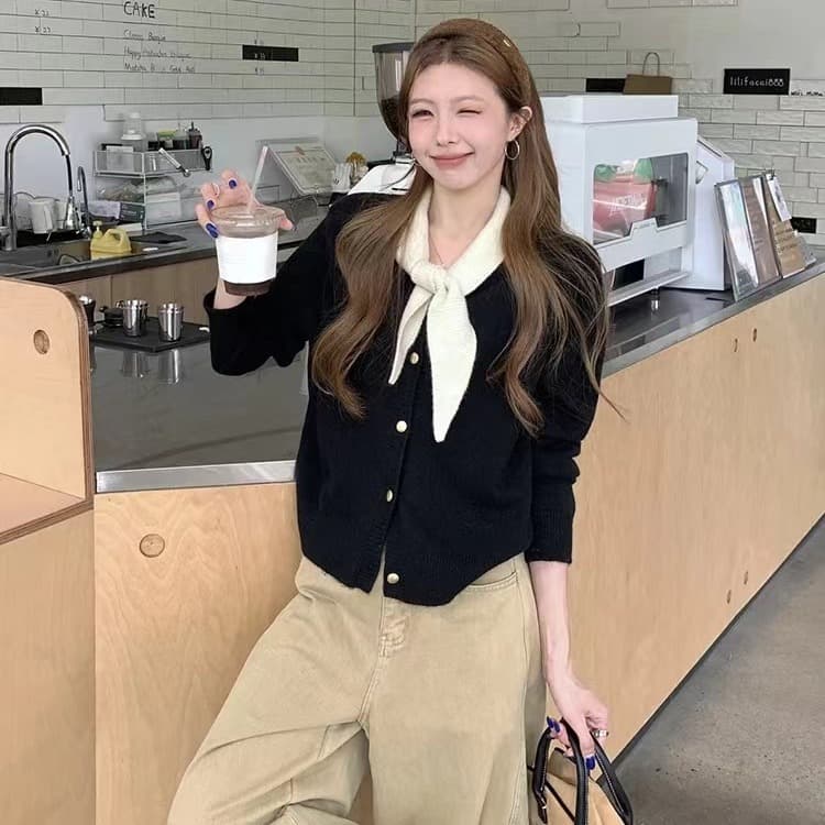 한국 스타일 품격 폴로 칼라 레이스업 배색 싱글 줄 버튼 니트 스웨터 스웨터 코트 이미지 4