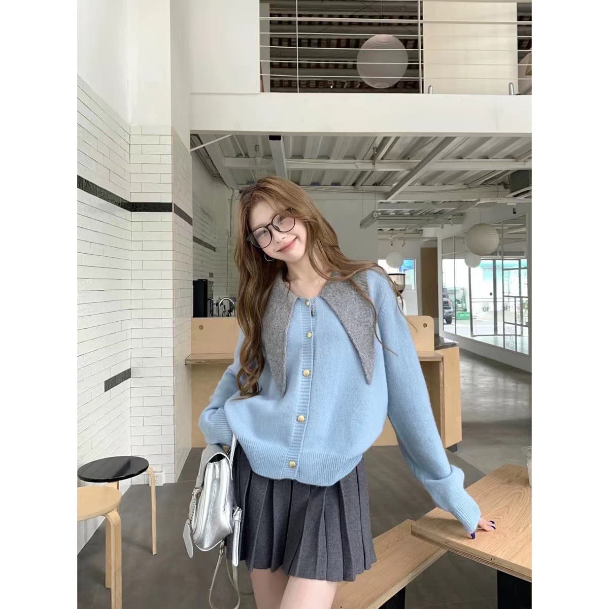 한국 스타일 품격 폴로 칼라 레이스업 배색 싱글 줄 버튼 니트 스웨터 스웨터 코트 이미지 5