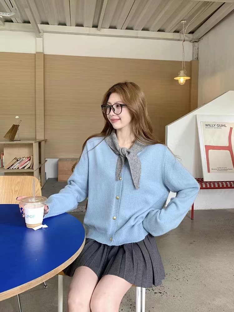한국 스타일 품격 폴로 칼라 레이스업 배색 싱글 줄 버튼 니트 스웨터 스웨터 코트 상세 이미지 11