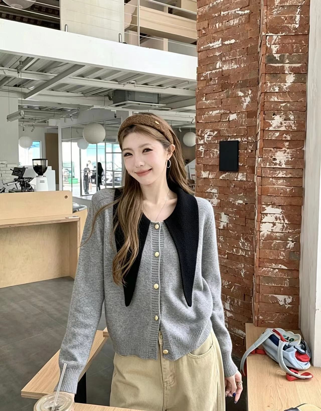 한국 스타일 품격 폴로 칼라 레이스업 배색 싱글 줄 버튼 니트 스웨터 스웨터 코트 상세 이미지 14