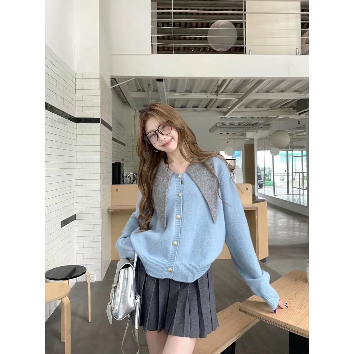 한국 스타일 품격 폴로 칼라 레이스업 배색 싱글 줄 버튼 니트 스웨터 스웨터 코트 상세 이미지 15