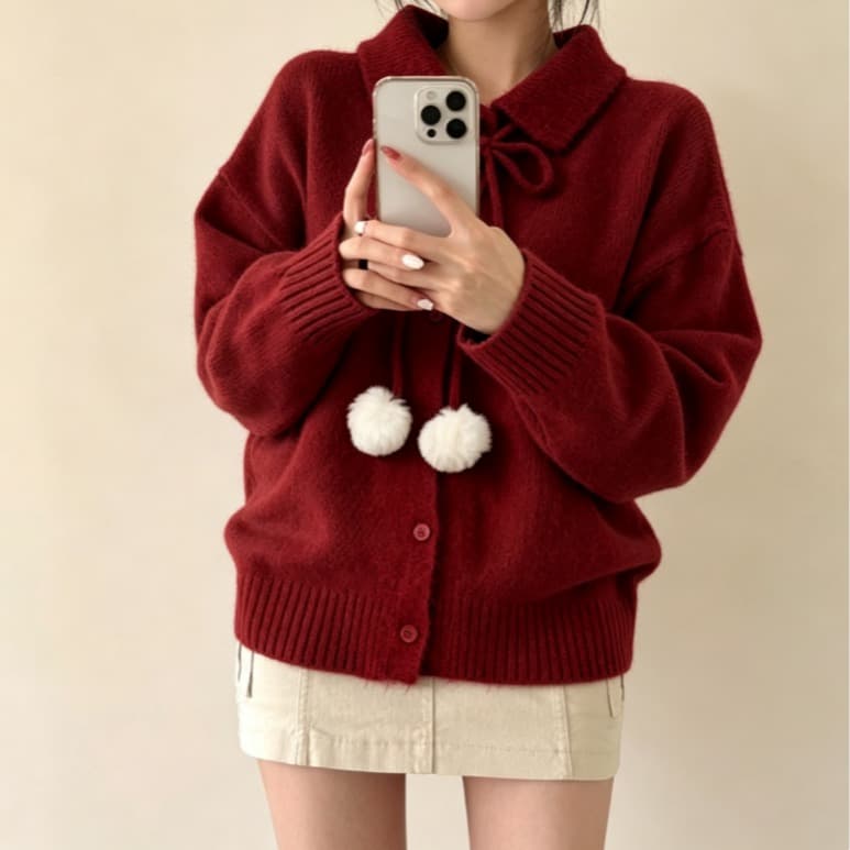실사 한국 스타일 스웨터 단색 두꺼운 스타일 긴팔 베이비 칼라 레이스업 털 공 니트 스웨터 후드티 캐주얼 맨위 이미지 2