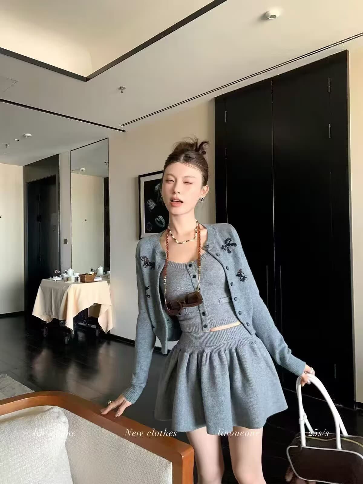 한국 귀여운 강아지 니트 스웨터 오픈 가디건 슬립 퍼프 반신 치마 세트 상세 이미지 5