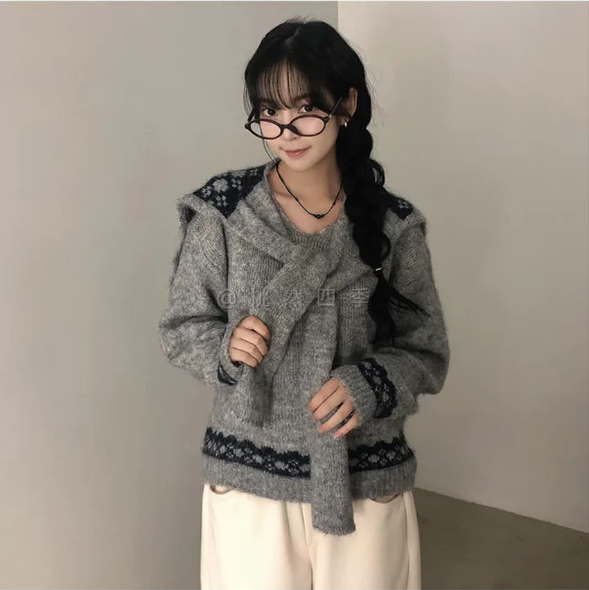 학원 스타일 해군 칼라 숄 V넥 니트 스웨터 여자 가을 겨울 새로운 작은 대중 레트로 자카드 느긋한 바람 맨위 상세 이미지 16