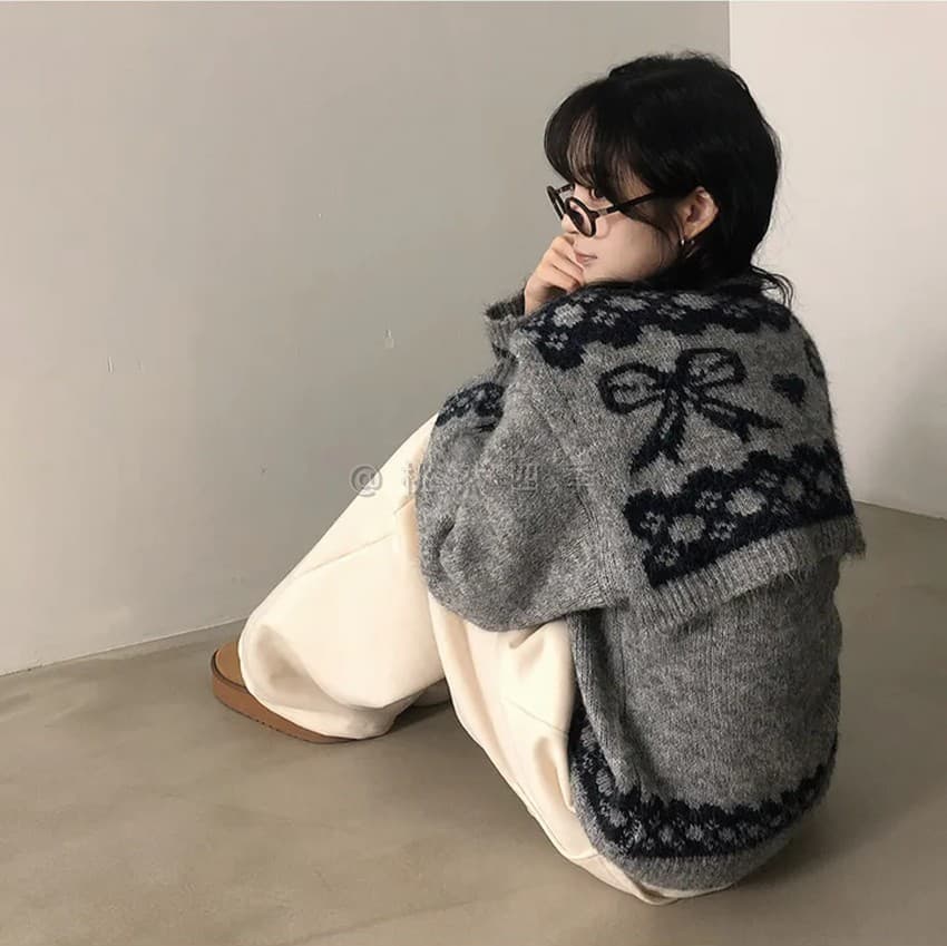 학원 스타일 해군 칼라 숄 V넥 니트 스웨터 여자 가을 겨울 새로운 작은 대중 레트로 자카드 느긋한 바람 맨위 상세 이미지 19