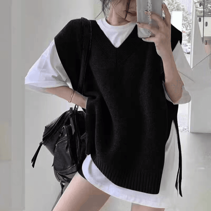한국 ins 루즈핏 다용도 레트로 V넥 느긋한 작은 대중 양면 트임 스웨터 조끼 여자 이미지 2