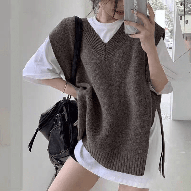 한국 ins 루즈핏 다용도 레트로 V넥 느긋한 작은 대중 양면 트임 스웨터 조끼 여자 이미지 3