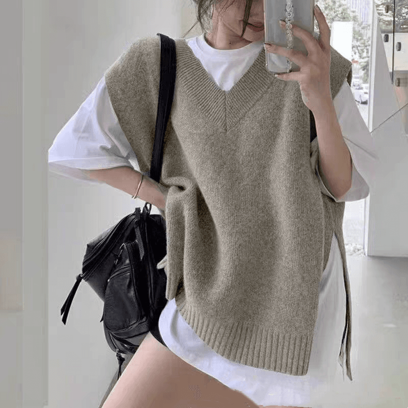 한국 ins 루즈핏 다용도 레트로 V넥 느긋한 작은 대중 양면 트임 스웨터 조끼 여자 이미지 4