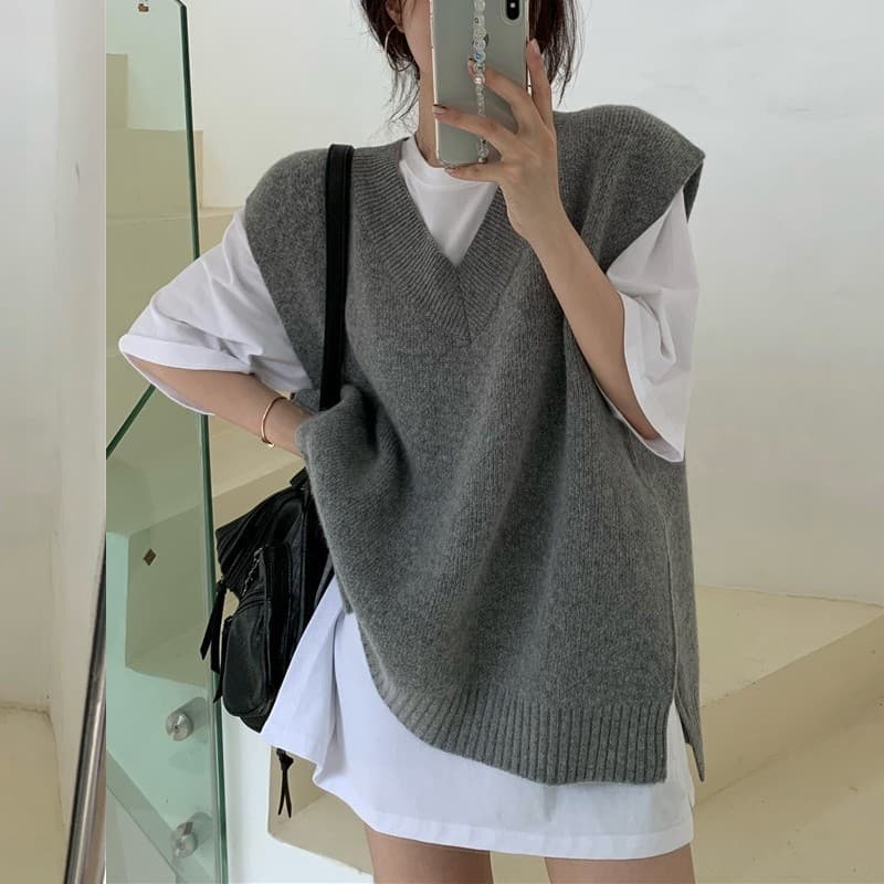 한국 ins 루즈핏 다용도 레트로 V넥 느긋한 작은 대중 양면 트임 스웨터 조끼 여자