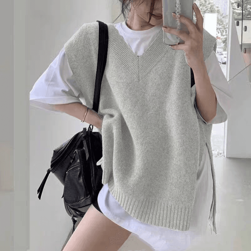 한국 ins 루즈핏 다용도 레트로 V넥 느긋한 작은 대중 양면 트임 스웨터 조끼 여자 상세 이미지 3