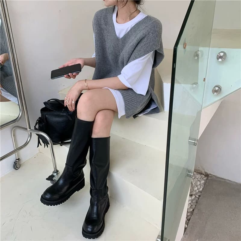 한국 ins 루즈핏 다용도 레트로 V넥 느긋한 작은 대중 양면 트임 스웨터 조끼 여자 상세 이미지 5