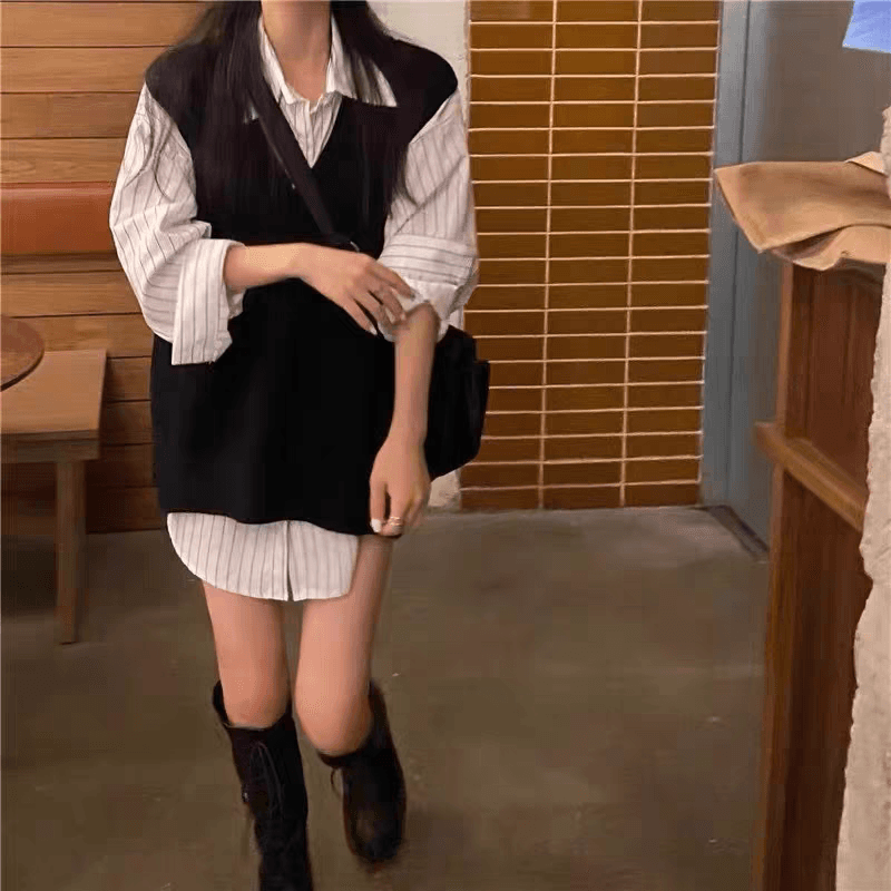 한국 ins 루즈핏 다용도 레트로 V넥 느긋한 작은 대중 양면 트임 스웨터 조끼 여자 상세 이미지 6