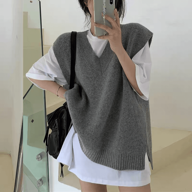한국 ins 루즈핏 다용도 레트로 V넥 느긋한 작은 대중 양면 트임 스웨터 조끼 여자 상세 이미지 7
