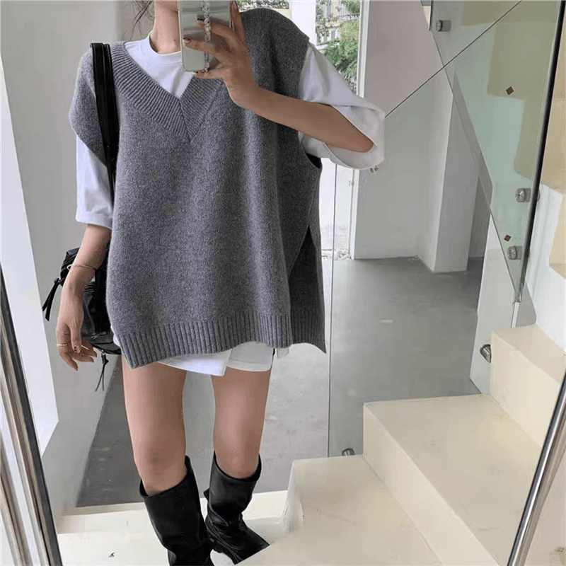 한국 ins 루즈핏 다용도 레트로 V넥 느긋한 작은 대중 양면 트임 스웨터 조끼 여자 상세 이미지 9
