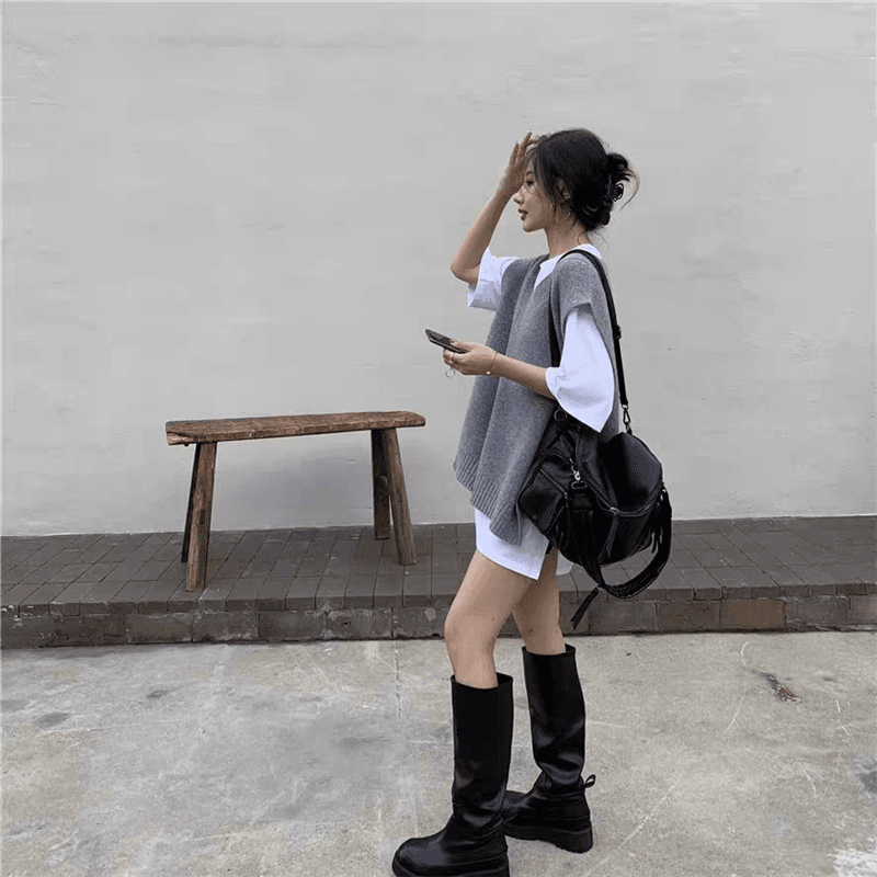한국 ins 루즈핏 다용도 레트로 V넥 느긋한 작은 대중 양면 트임 스웨터 조끼 여자 상세 이미지 11
