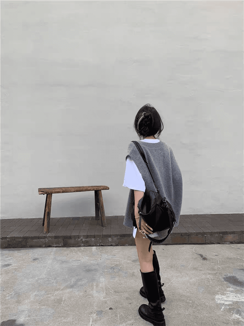 한국 ins 루즈핏 다용도 레트로 V넥 느긋한 작은 대중 양면 트임 스웨터 조끼 여자 상세 이미지 14
