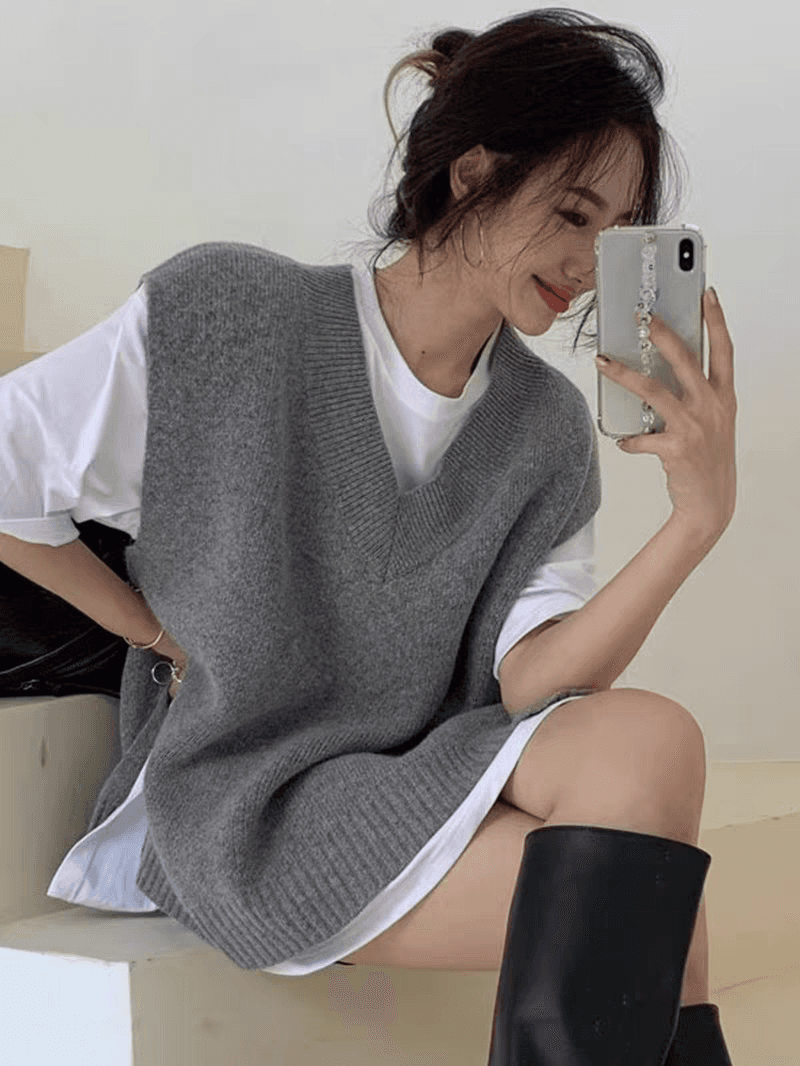 한국 ins 루즈핏 다용도 레트로 V넥 느긋한 작은 대중 양면 트임 스웨터 조끼 여자 상세 이미지 16