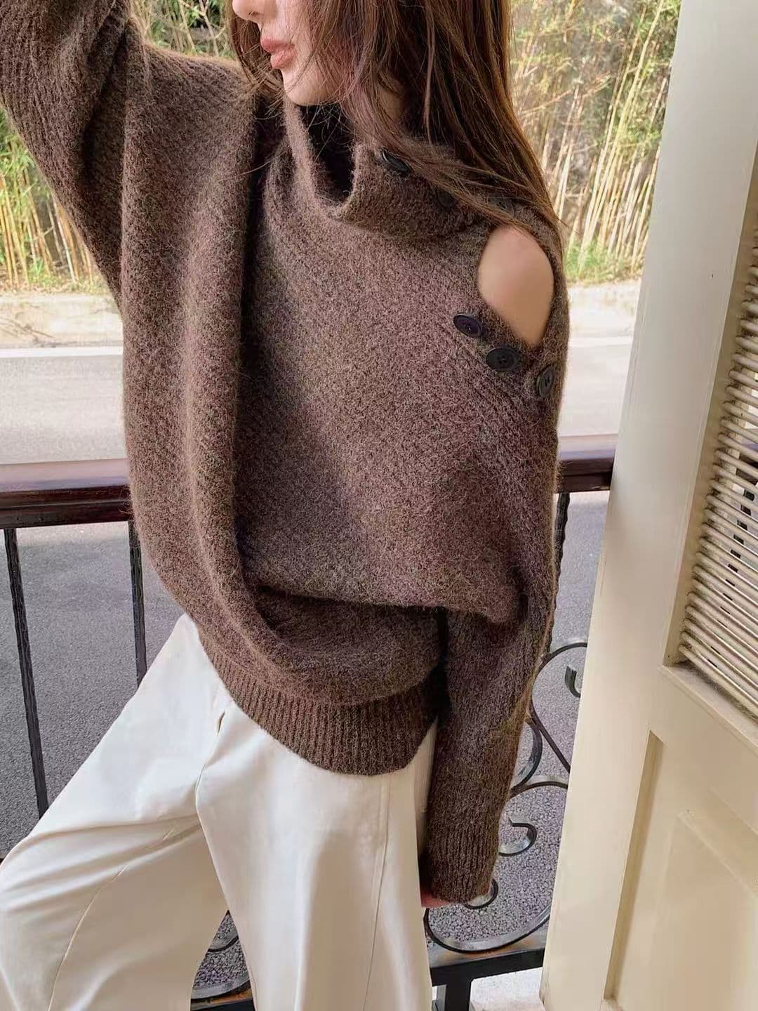 한 부서 터틀넥 불규칙 디자인 센스 풀오버 스웨터 여자 가을 겨울 느긋한 와이드 부드러운 찹쌀 품격 니트 스웨터 맨위 상세 이미지 4