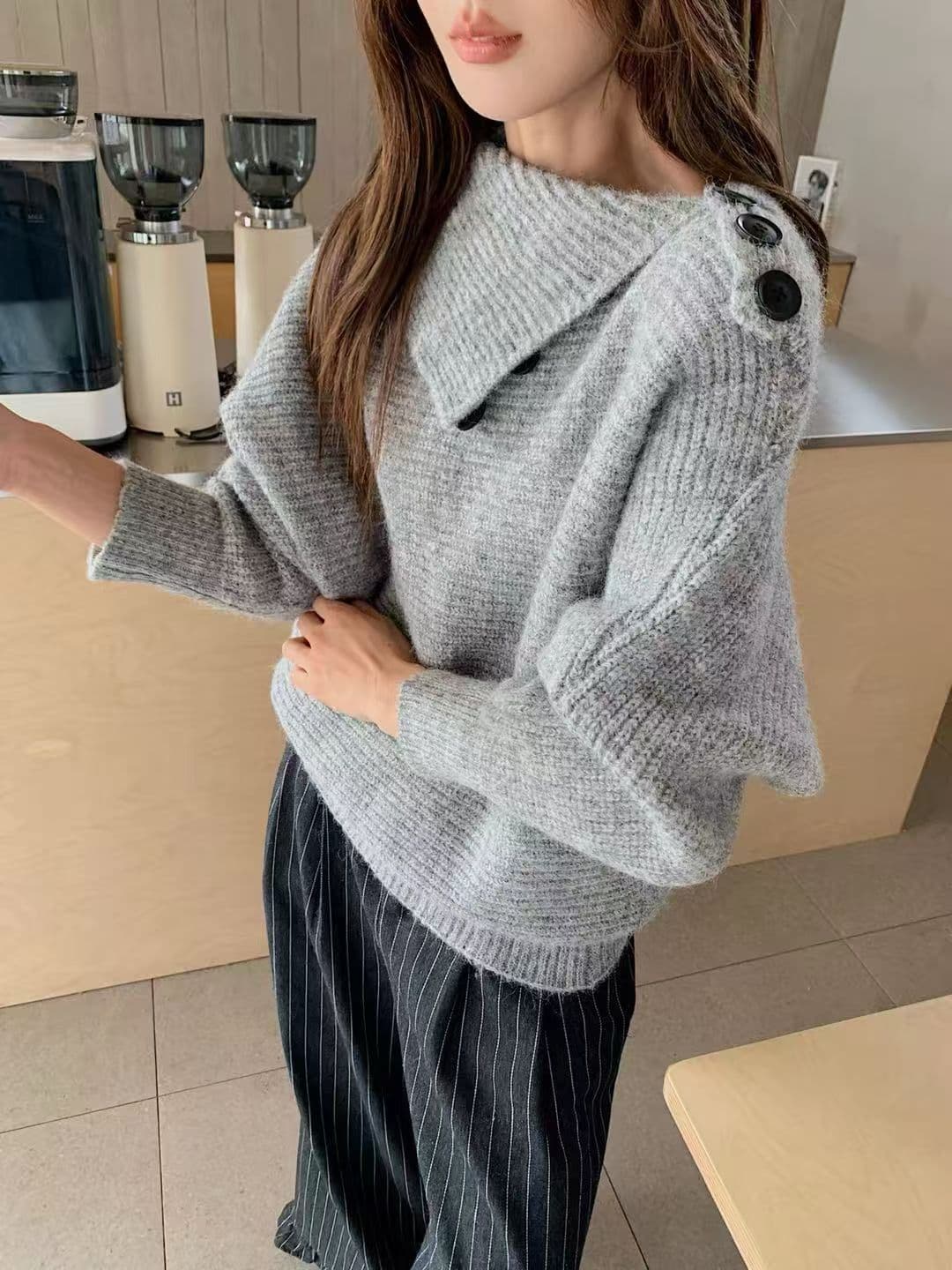 한 부서 터틀넥 불규칙 디자인 센스 풀오버 스웨터 여자 가을 겨울 느긋한 와이드 부드러운 찹쌀 품격 니트 스웨터 맨위 상세 이미지 9