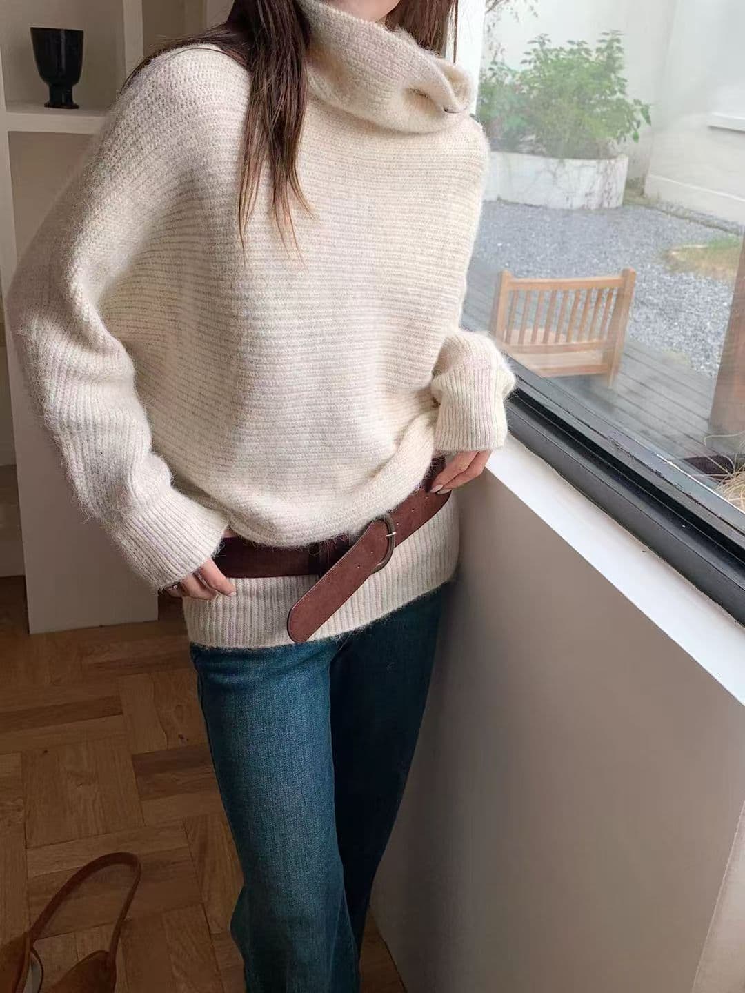 한 부서 터틀넥 불규칙 디자인 센스 풀오버 스웨터 여자 가을 겨울 느긋한 와이드 부드러운 찹쌀 품격 니트 스웨터 맨위 상세 이미지 11