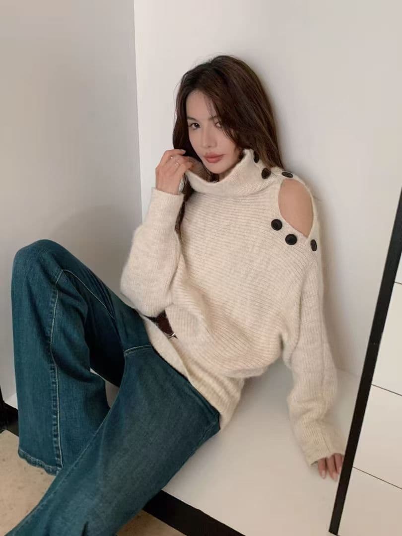 한 부서 터틀넥 불규칙 디자인 센스 풀오버 스웨터 여자 가을 겨울 느긋한 와이드 부드러운 찹쌀 품격 니트 스웨터 맨위 상세 이미지 12