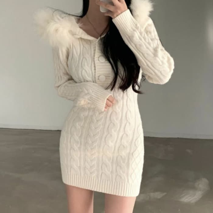 2026 신제품 순수한 욕망 바람 몸매 가꾸기 슬림해 보이는 심지어 모자 밴드 모피 칼라 꽈배기 쇼트 스타일 드레스 타이트 스커트